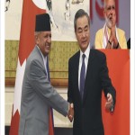 New Nepali Foreign Minister Pravid Kumar Jolie, Chinese Foreign Minister Wang Yi and Indian Prime Minister Narendra Modi