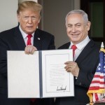 Presenting Prime Minister Benjamin Netanyahu signing the decree to announce the US President Donald Trump Golan Heights Area to be part of Israel