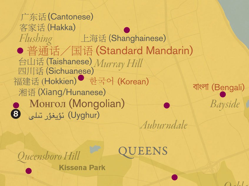 On the map it is the language most spoken in Queens as shown by much larger and significantly