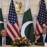 U.S. Secretary of State John Kerry and Pakistan's National Security and Foreign Affairs Advisor to the Prime Minister Sartaj Aziz