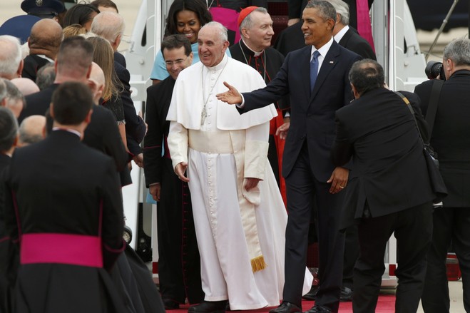 Pope Francis at Andrews Air Force Base to meet US President Barack Obama and first lady Michelle Obama did