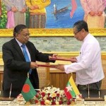 Bangladesh Foreign Minister A.H. Mahmud Ali and Myanmar’s Union Minister for the Office of the State Counsellor Kyaw Tint Swe