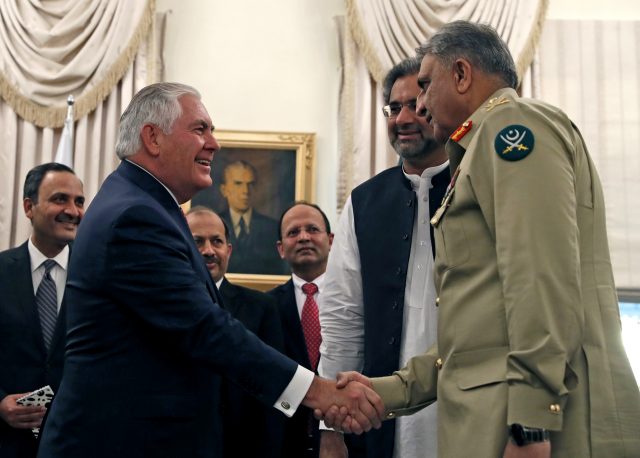  Pakistani Prime Minister Shahid Khaqan Abbasi, Chief of Army Staff, Qamar Bajwa and US Foreign Minister Rex Tillerson