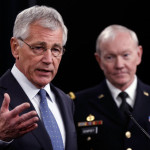 Chuck Hagel present at the press conference with U.S. Army Gen. Martin Dempsey, chairman of the Joint Chiefs of Staff