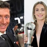 Polish striker Robert Lewandowski and women's trophy Alecia Potillas